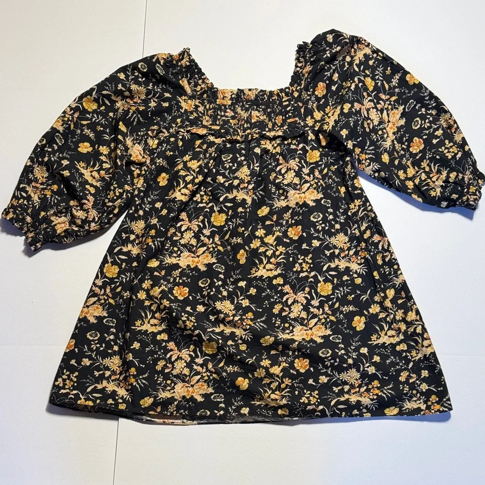 DÔEN Acton Baby Doll Mini Dress Navy Oaks Bluffs Floral Smocked Square Neck L - Picture 11 of 12